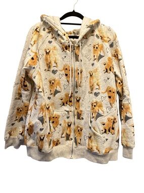 Dog Print Zip Up Hoodie Womens Hooded Sweatshirt Fits M/L Yellow Lab Retriever